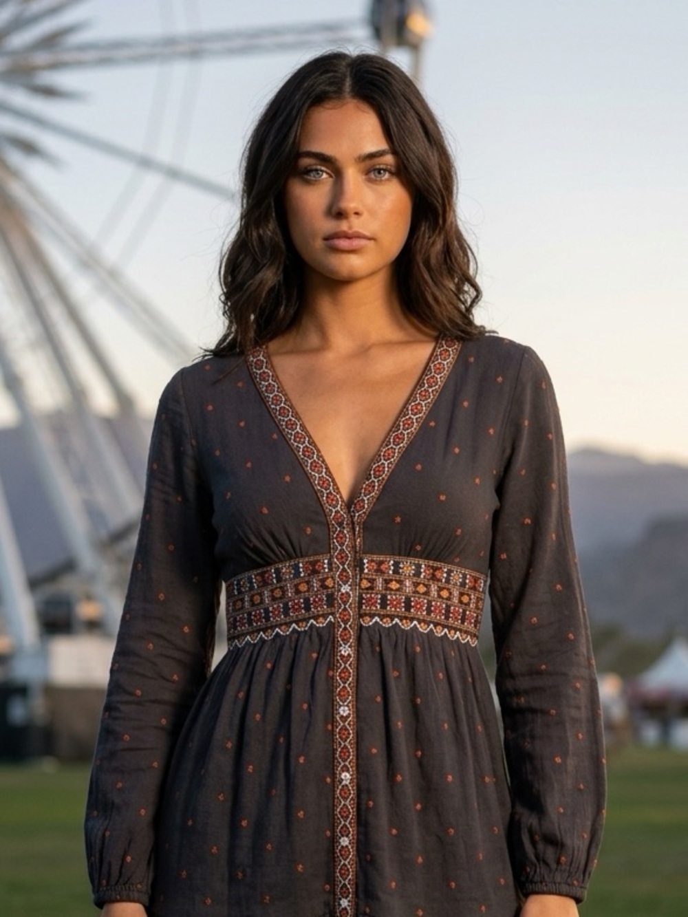 Canyon Retreat Boho Aztec Native American Embroidered Button Tiered Midi Dress